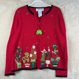 Tiara International Christmas Collection Red Christmas Tree Sweater Women's L